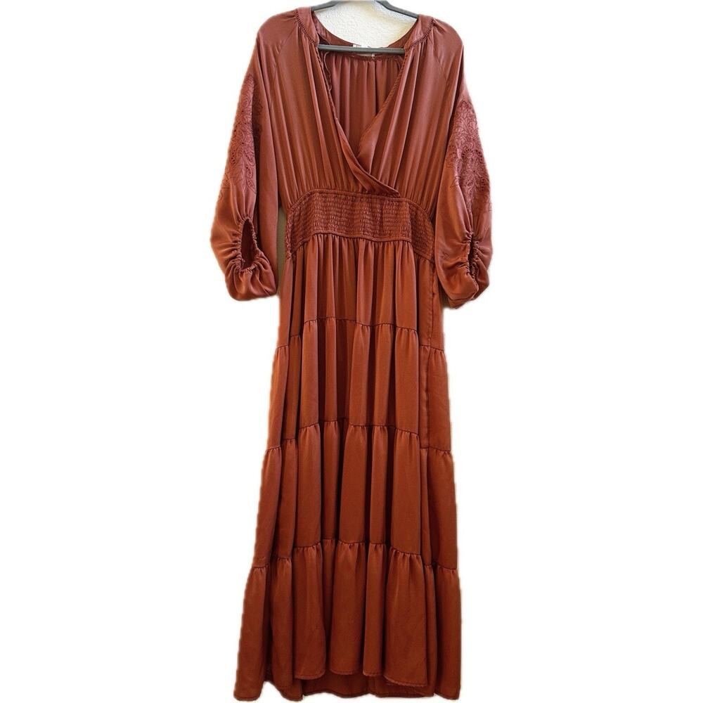 Boho Rust Tiered Maxi Dress XL Cottagecore Prairie